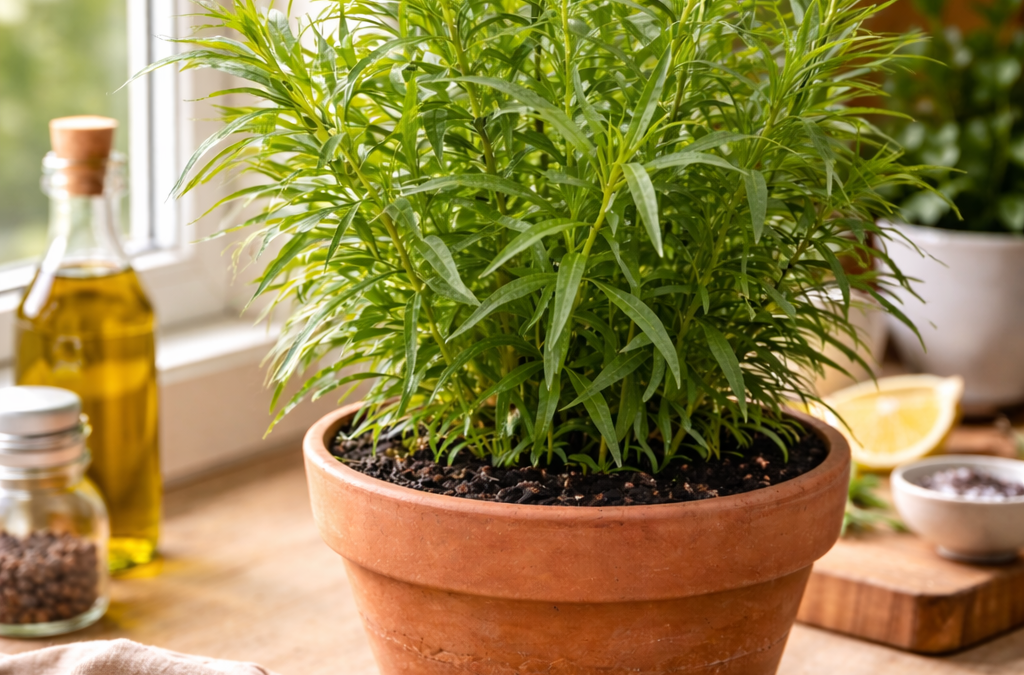 rench tarragon growing indoors in a terracotta pot on a bright windowsill