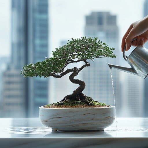 watering indoor bonsai tree carefully