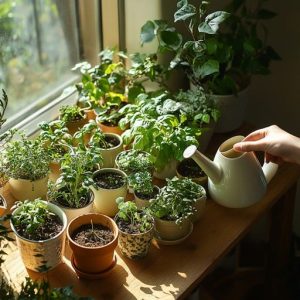 watering indoor plants on a regular schedule
