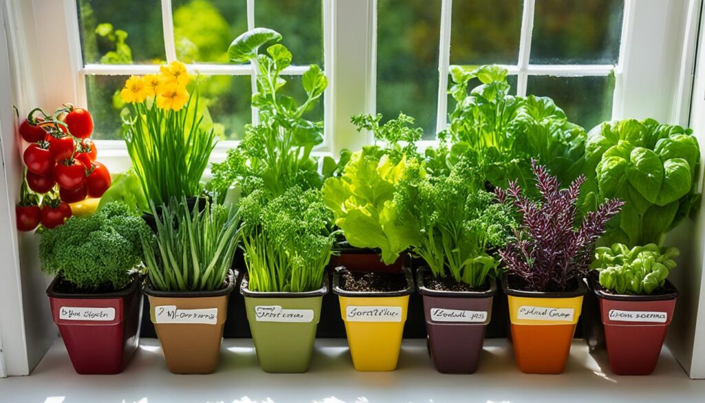 mixed indoor vegetable plants on a bright kitchen windowsill.