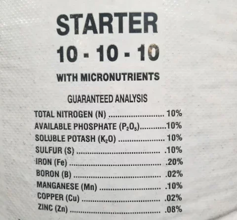 Garden fertilizer bag showing a 10-10-10 N-P-K balanced ratio