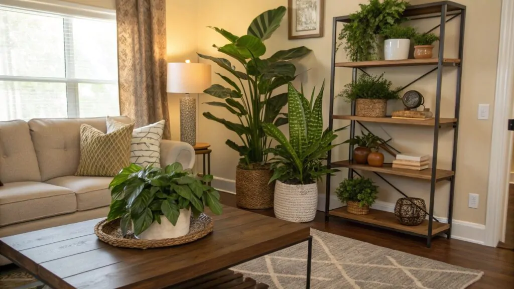 indoor artificial garden display in modern living room.
