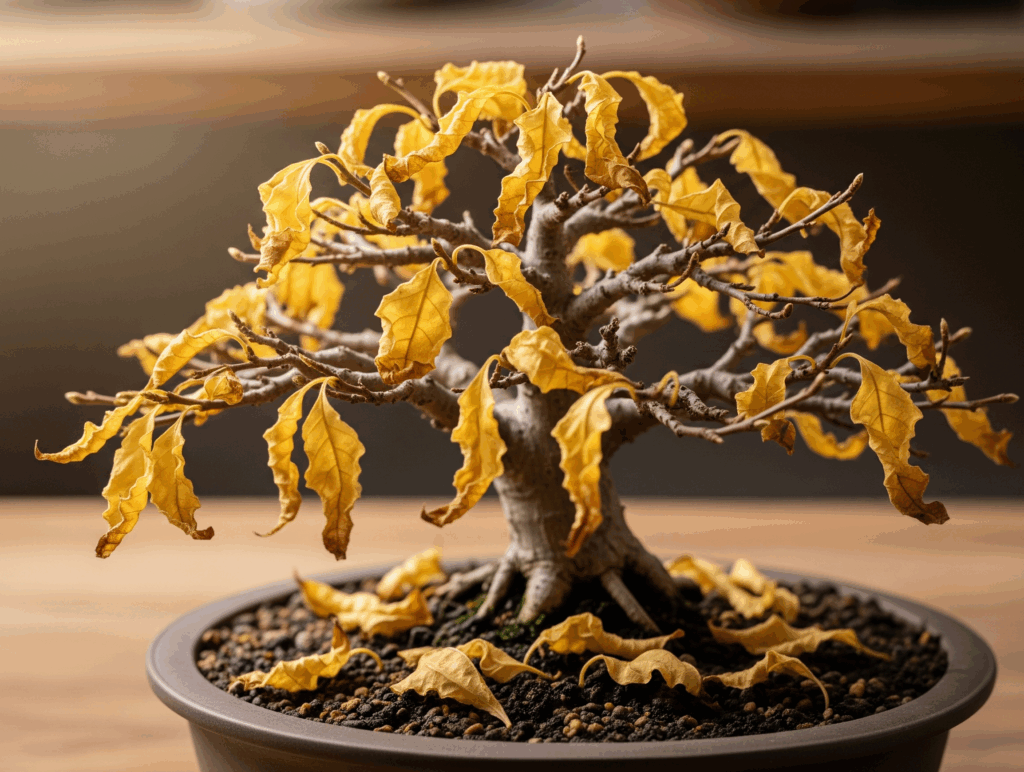 overwatered bonsai with yellow leaves
