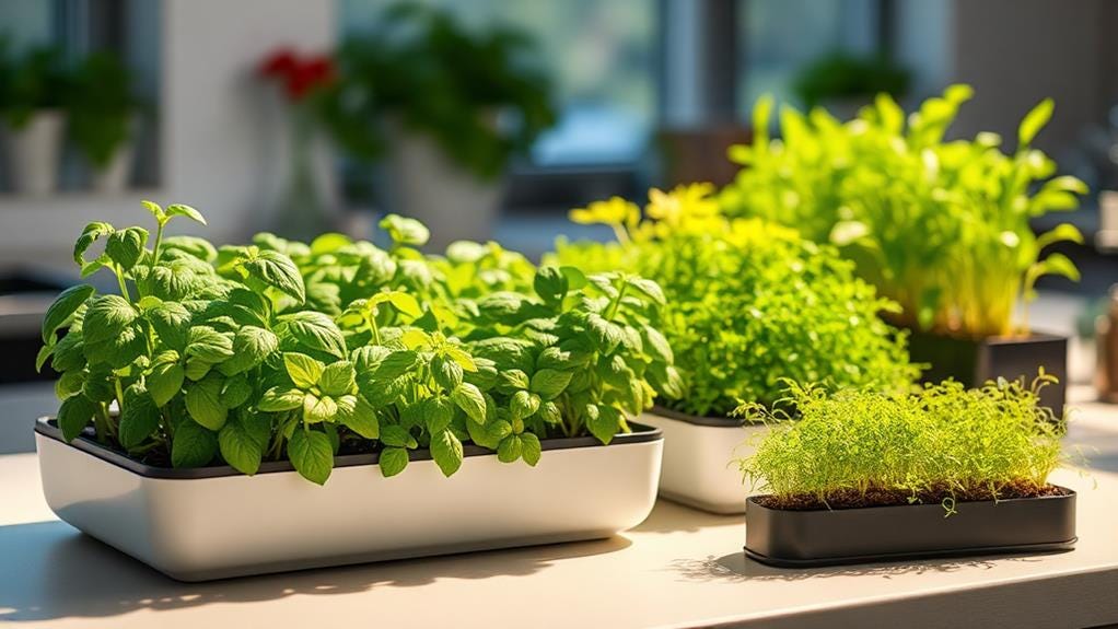 indoor hydroponic herb garden on a kitchen counter