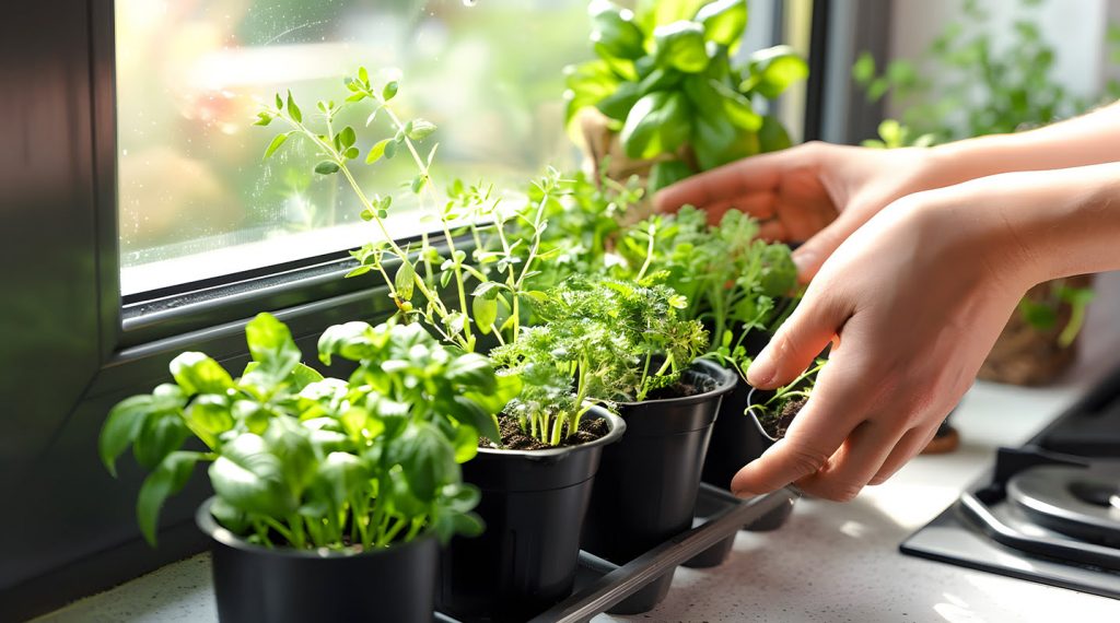 setting up an indoor herb garden kit with soil and pots.