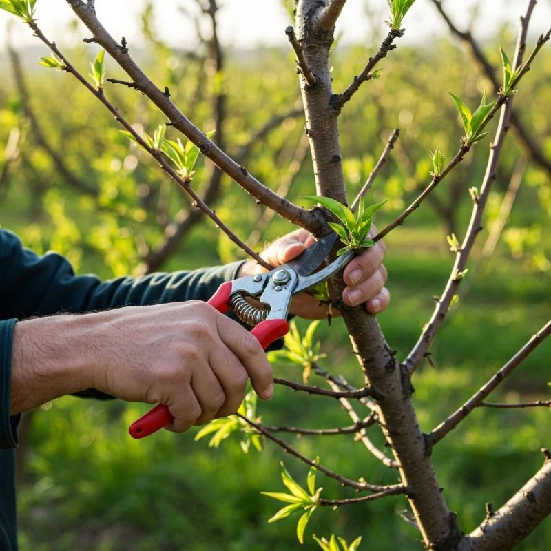 pruning a peach tree branch with sharp bypass shears