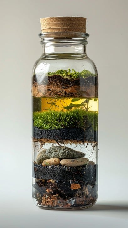 drainage and soil layers inside an indoor bottle garden.