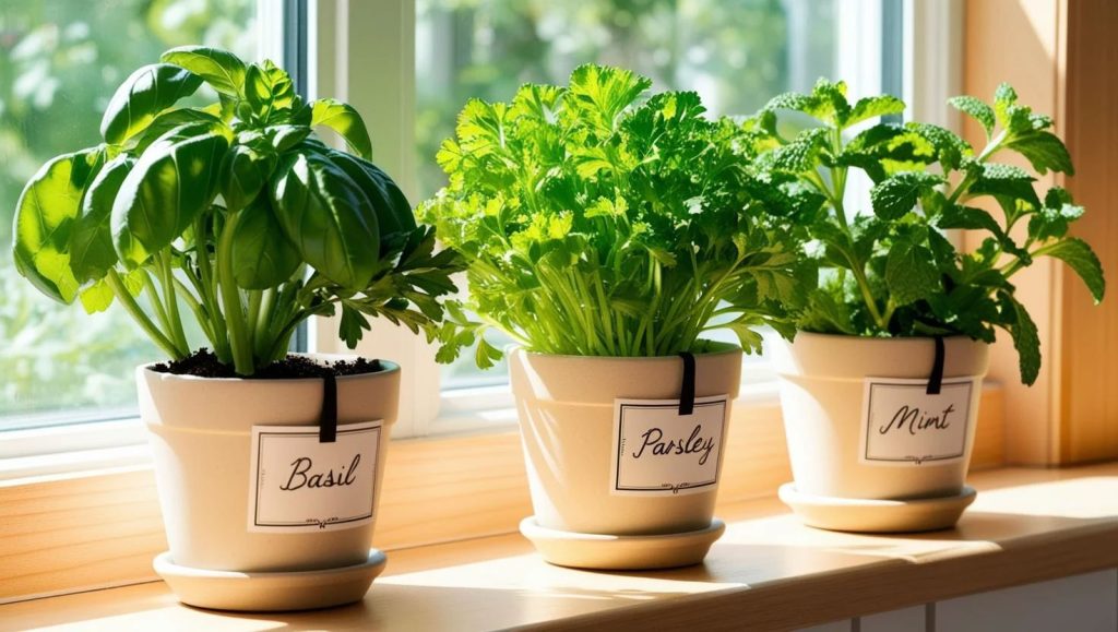 Companion planting for indoor gardens with mixed herb pots on a sunny kitchen windowsill.