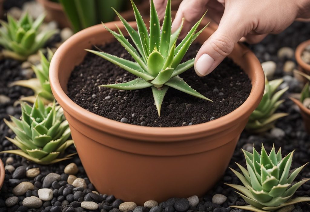 Aloe vera planted in gritty succulent soil inside a terracotta pot