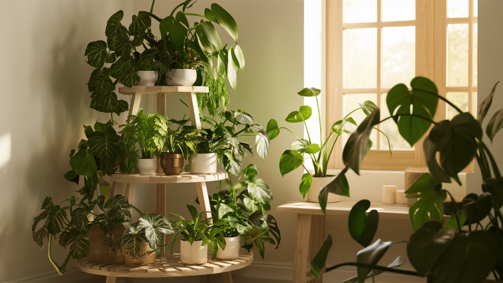 Low light indoor plant setup with drainage saucer and tidy watering routine