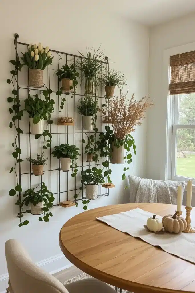 Bare indoor wall marked with tape showing the planned layout of an indoor vertical plant wall