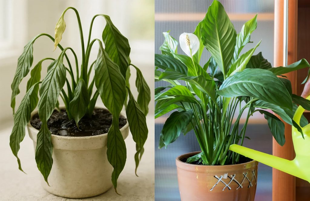 Peace lily wilted from underwatering next to the same plant revived after a thorough watering
