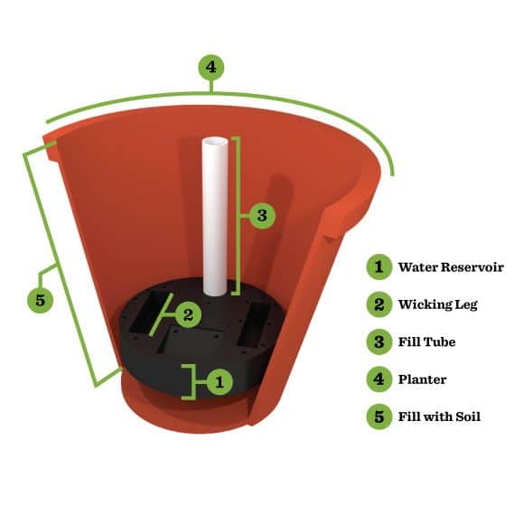 Diagram of a self-watering pot showing water reservoir and wick feeding moisture into the soil