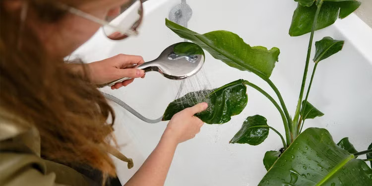 Rinsing houseplant leaves to clean dust off indoor plant leaves safely.