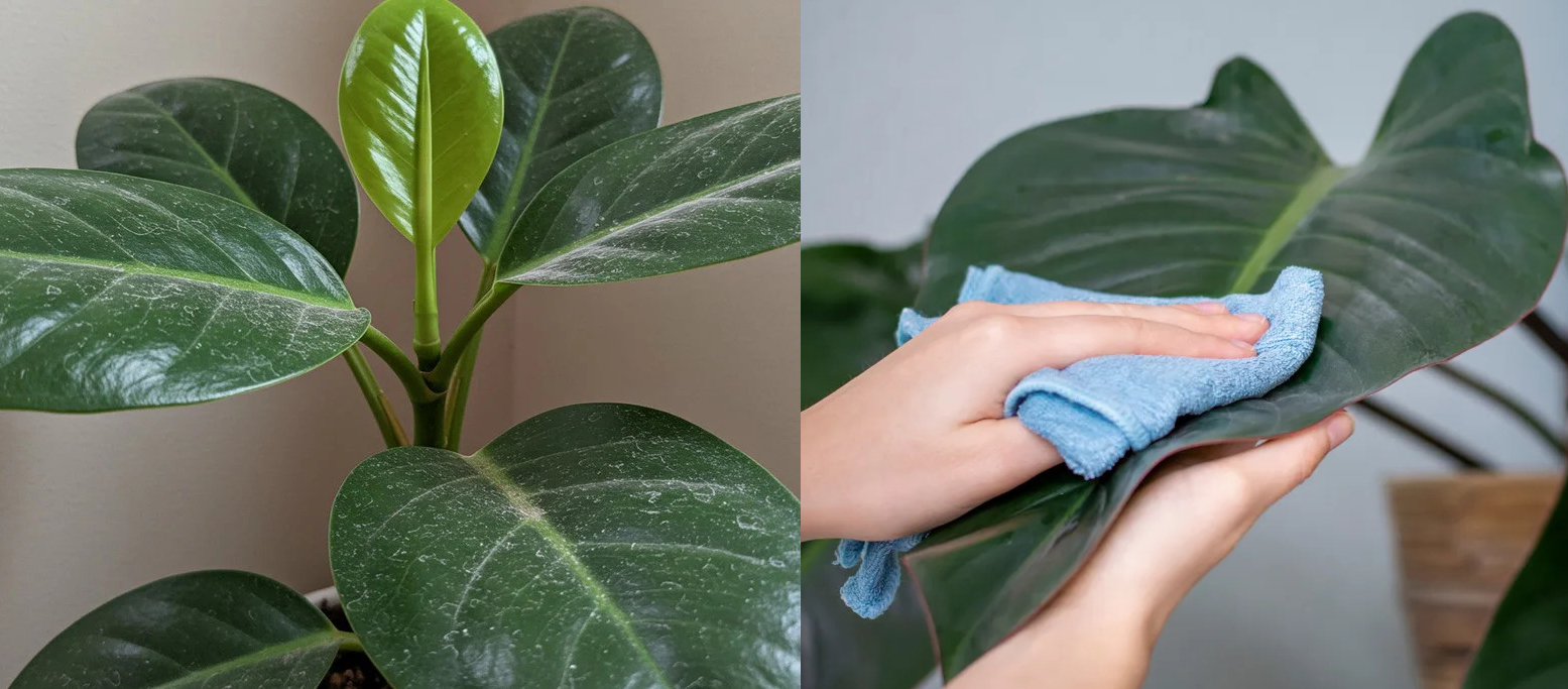 Clean dust off indoor plant leaves on a rubber plant: before and after wipe.