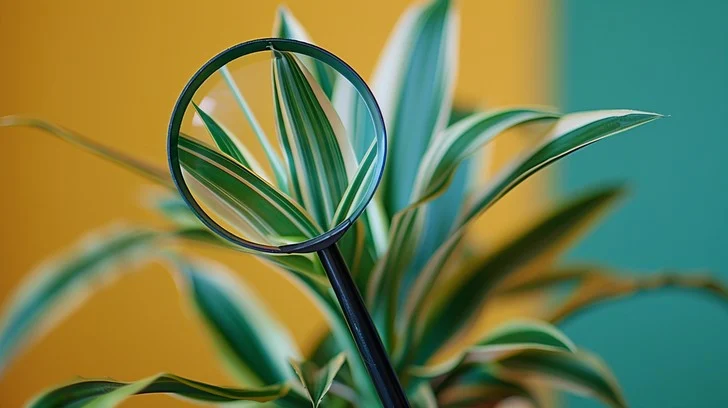 Close-up of a houseplant leaf being checked with a hand lens near a bright window.