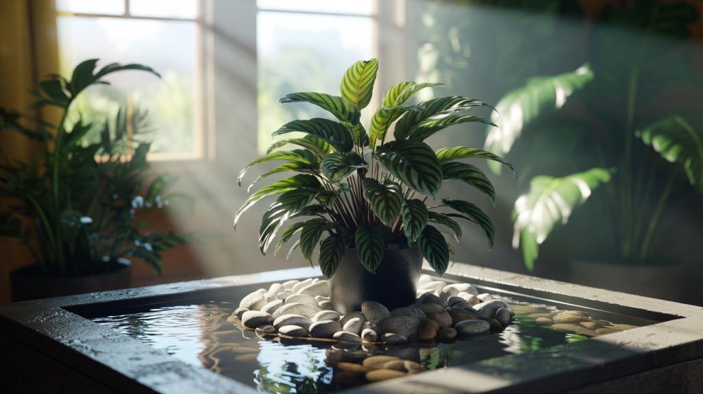 Humidity trays for houseplants set up with pebbles and water below the pot