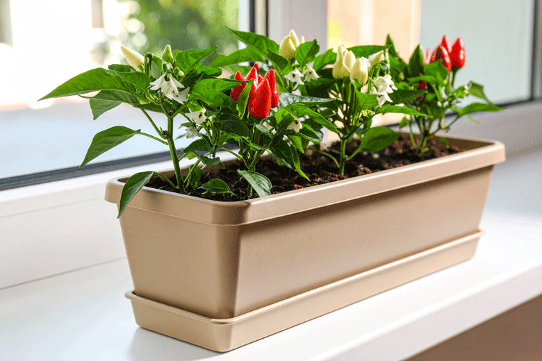 Chilli peppers growing indoors on a bright windowsill with ripening fruit.