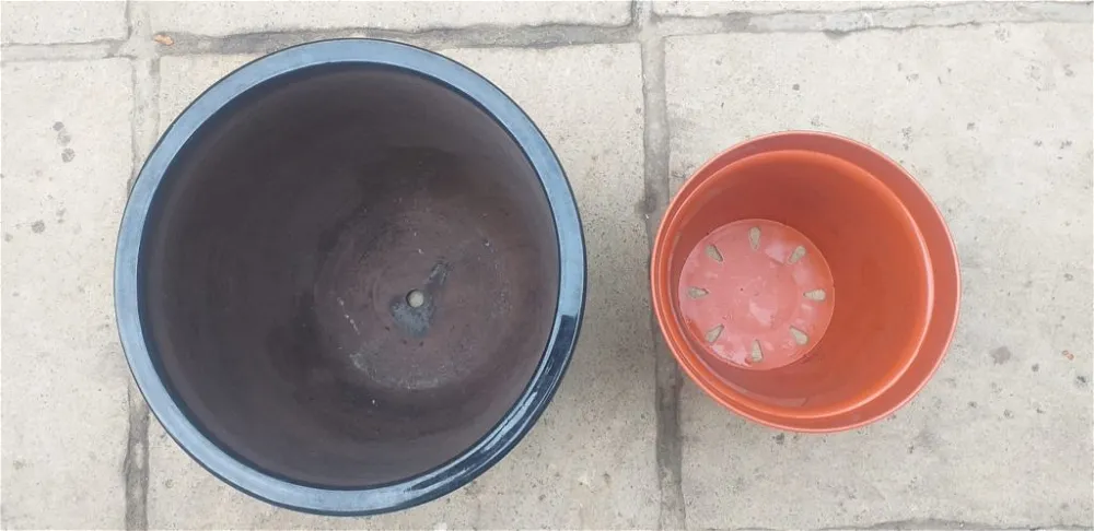 Drainage holes under a chive pot with water draining into a saucer.