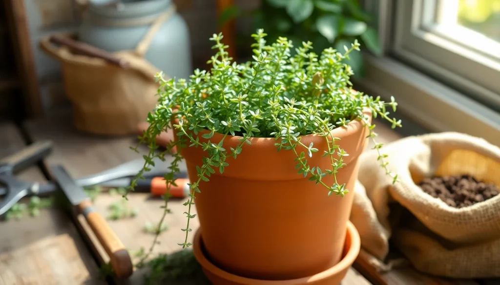 Thyme growing indoors in a terracotta pot on a bright windowsill