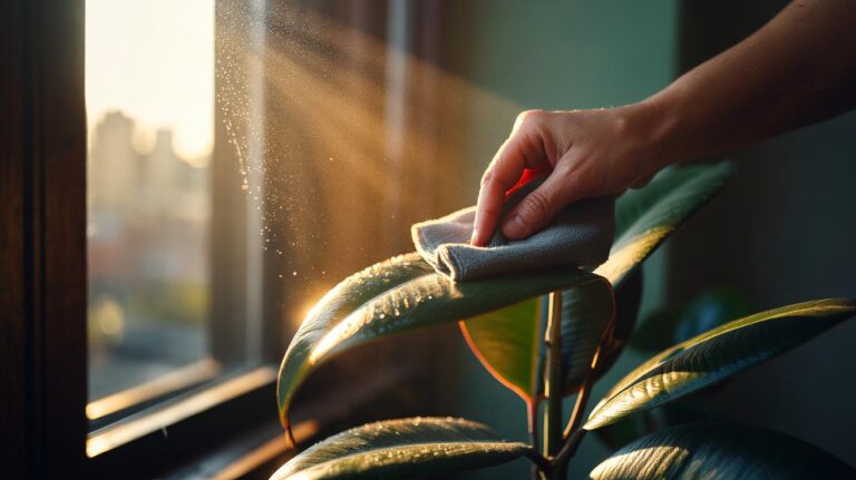 Clean houseplant leaves with a soft cloth to remove dust and improve light absorption