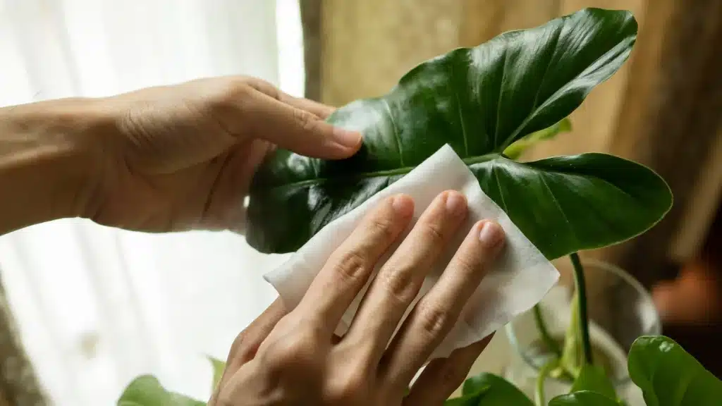 Wiping rubber plant leaves indoors to remove dust and improve growth