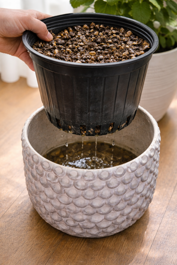 Trapped water in a cachepot causes damp soil and mold indoors