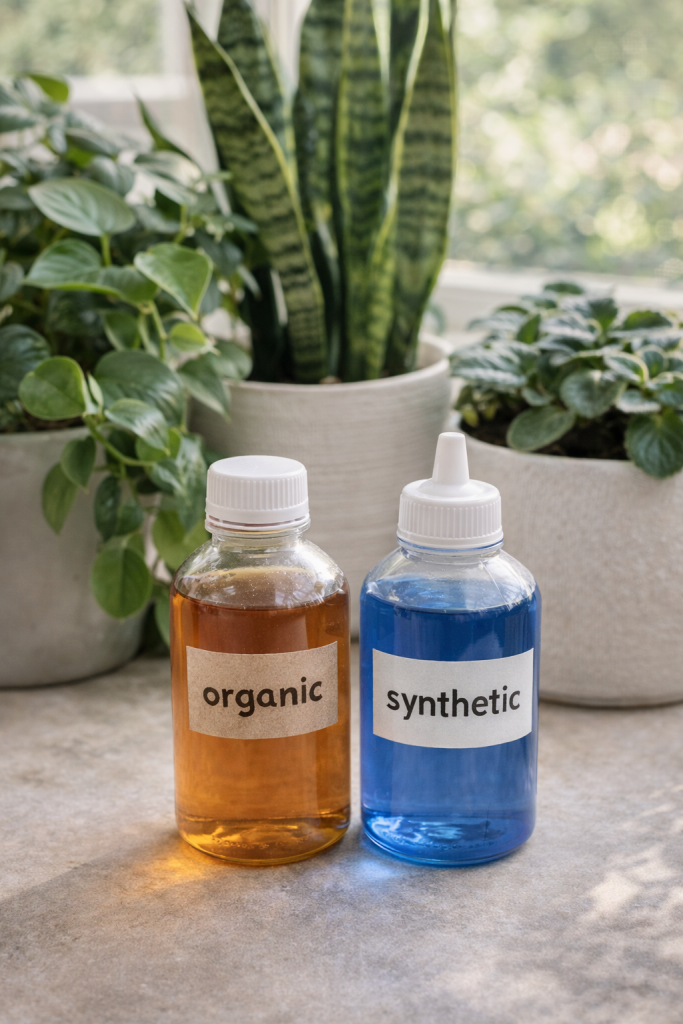 Organic vs synthetic fertilisers shown as two indoor plant feeding options