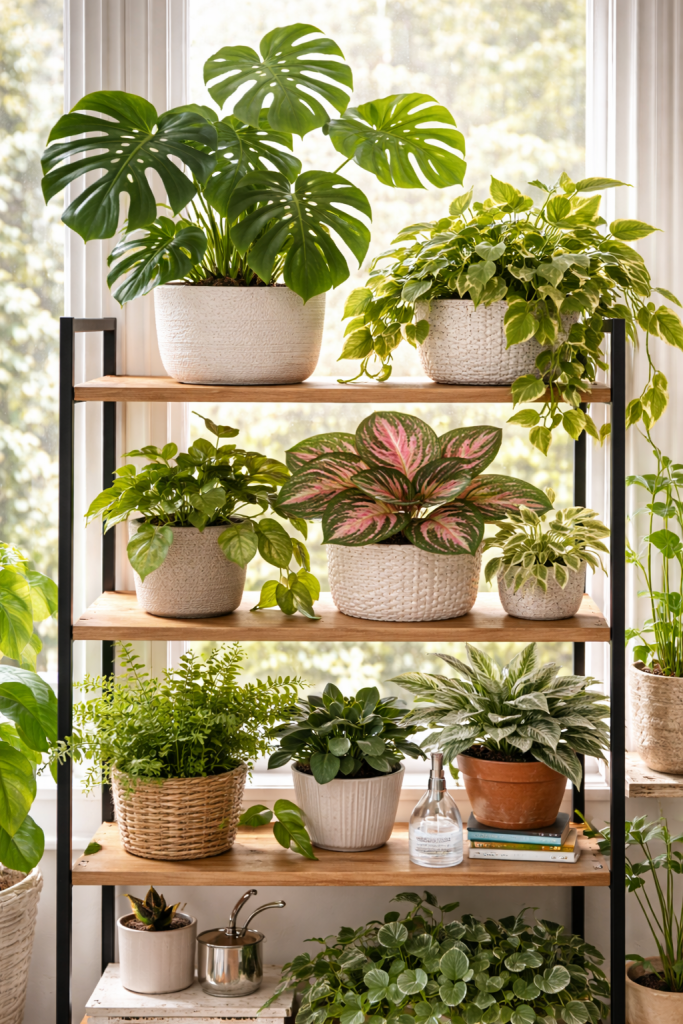 Tropical houseplants indoors grouped on a bright shelf