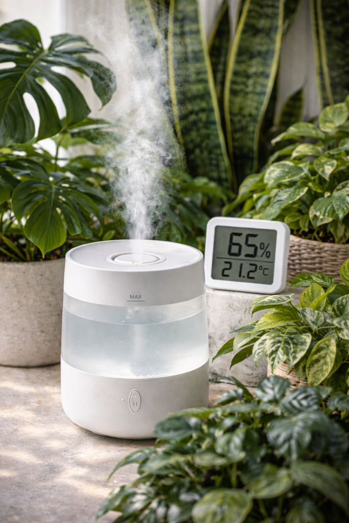 Boosting humidity for tropical houseplants indoors with a humidifier