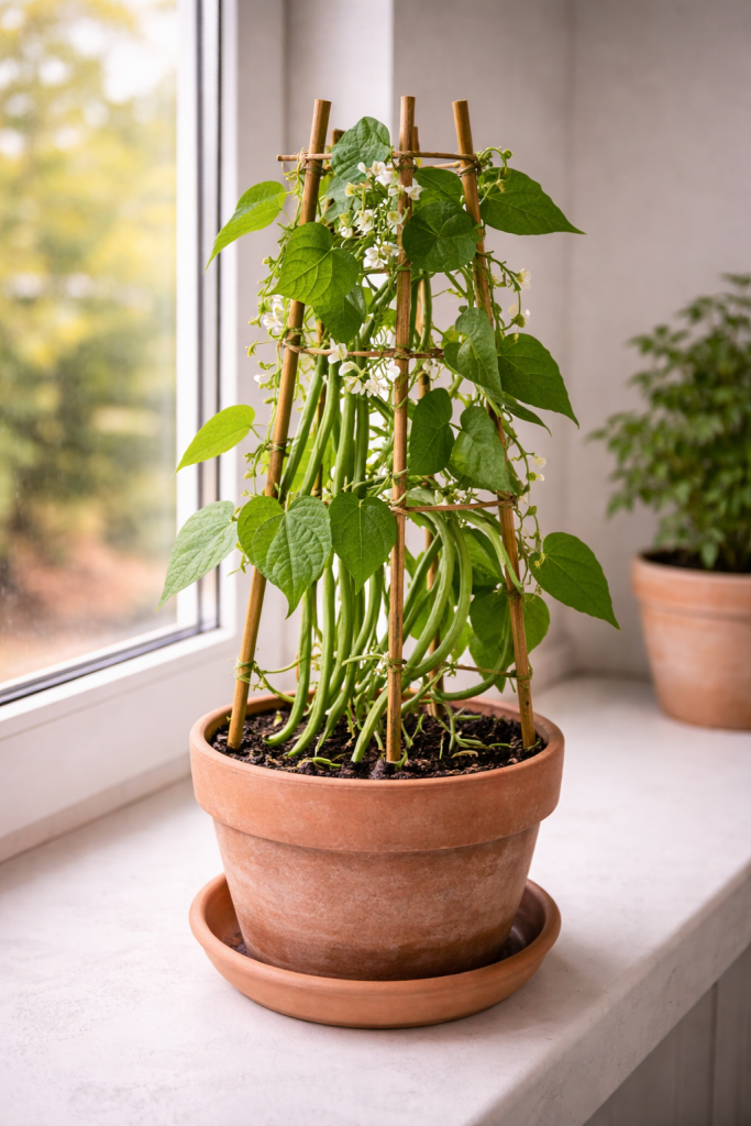 Indoor green beans climbing up a small support trellis
