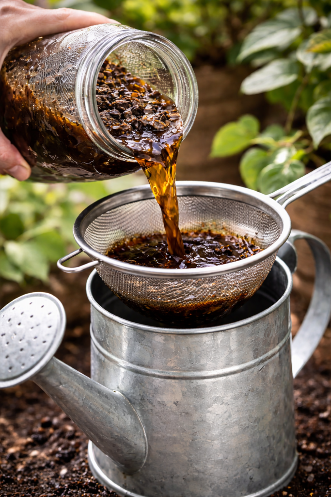 Straining compost tea for indoor plants into a watering can