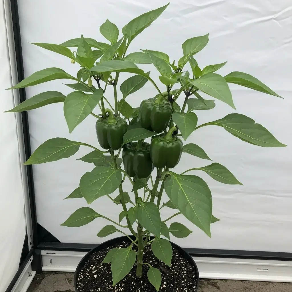 Bell pepper plant growing indoors with developing peppers in strong light