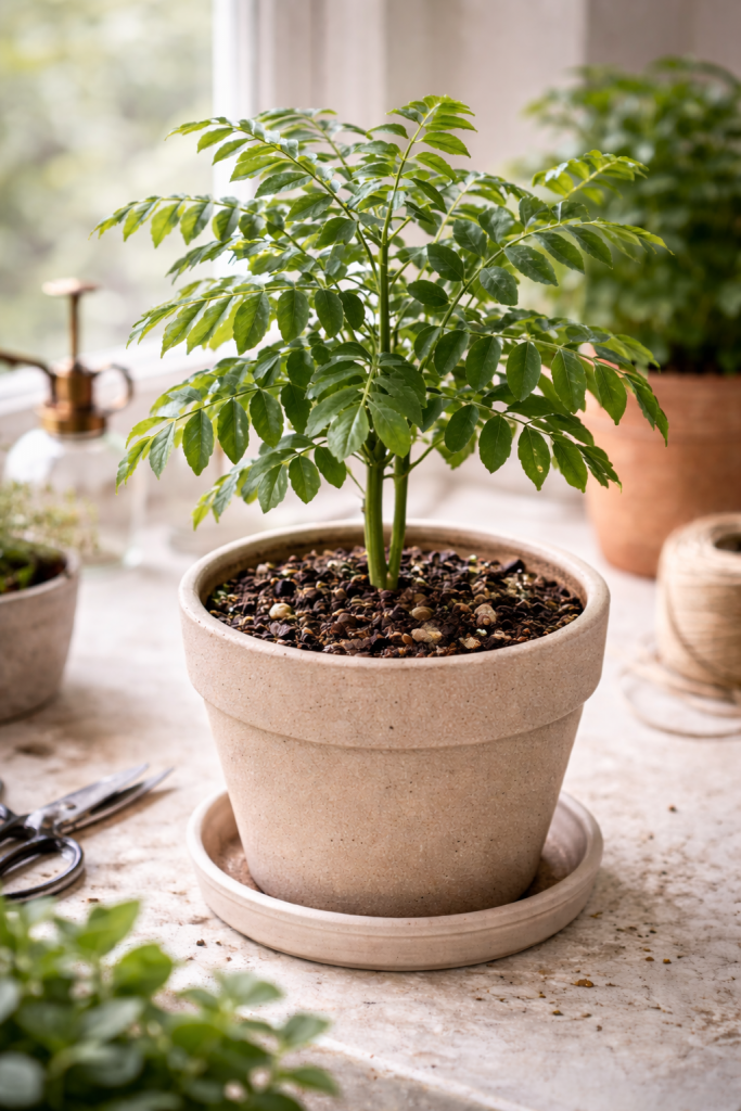Well-draining pot and soil setup for growing curry leaves indoors