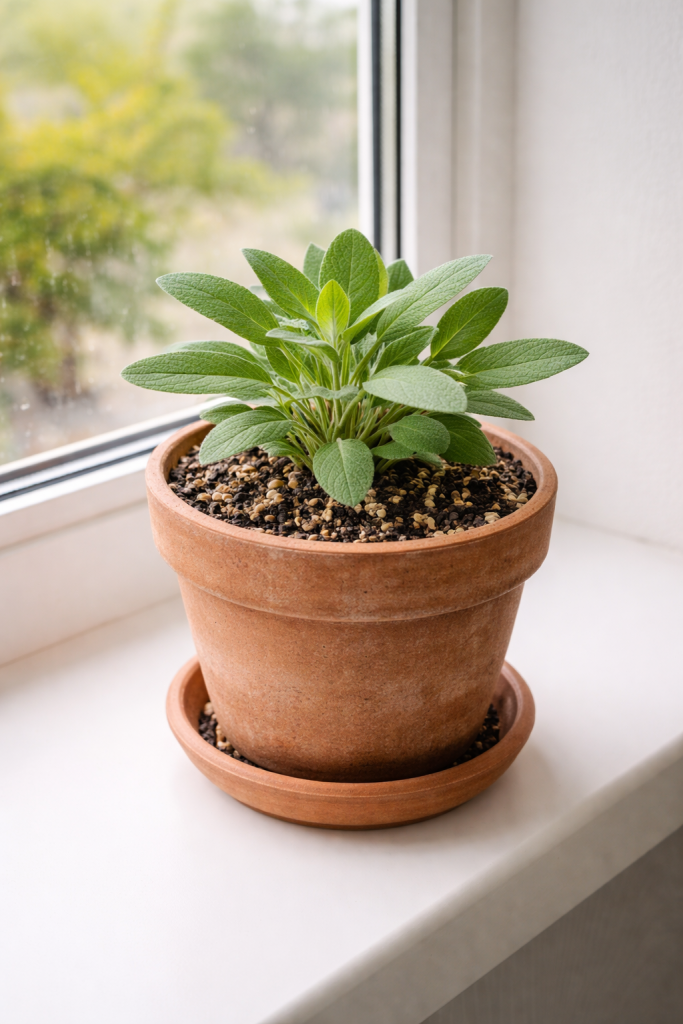 Free-draining pot and compost setup for growing sage indoors