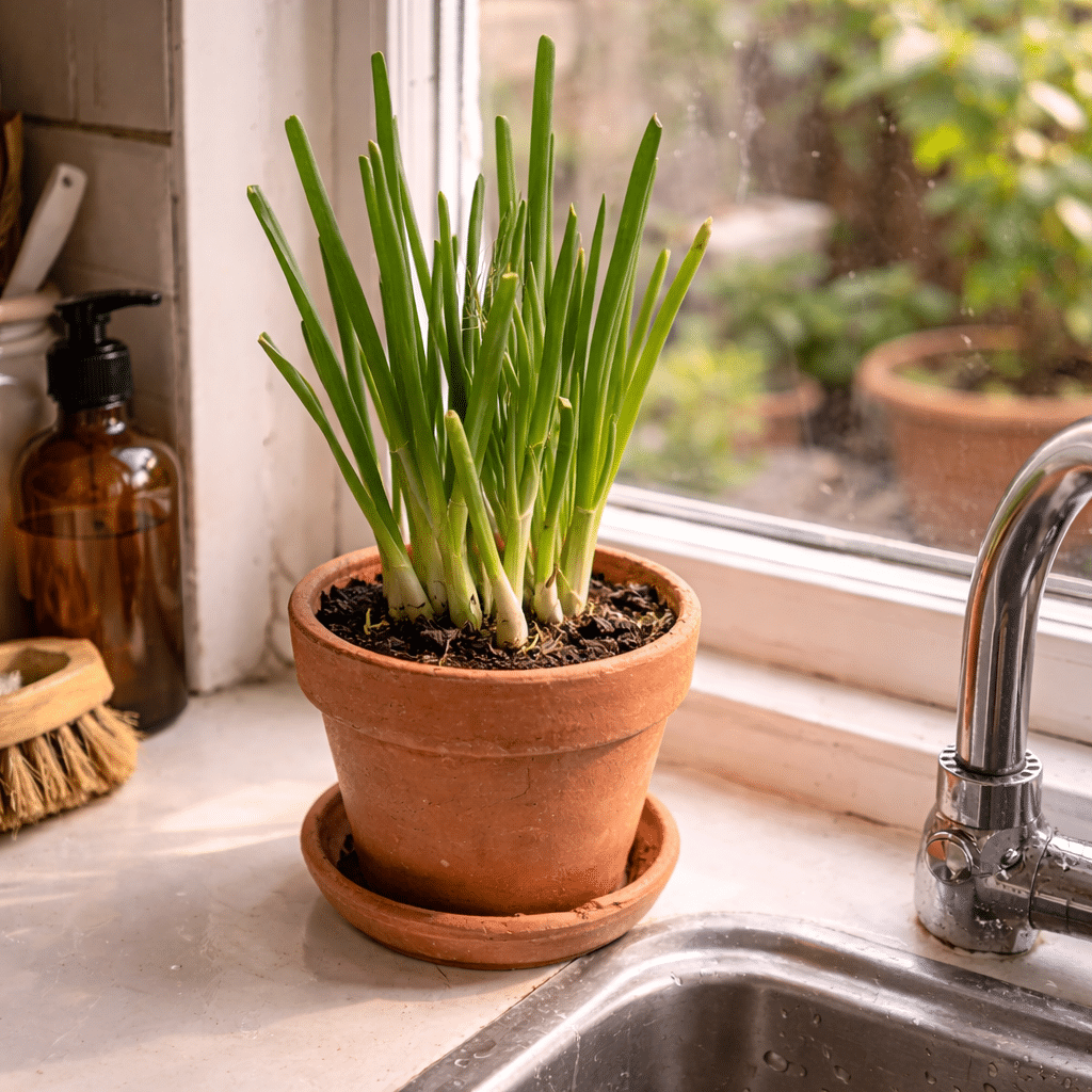 Green onions growing indoors in a pot on a bright windowsill