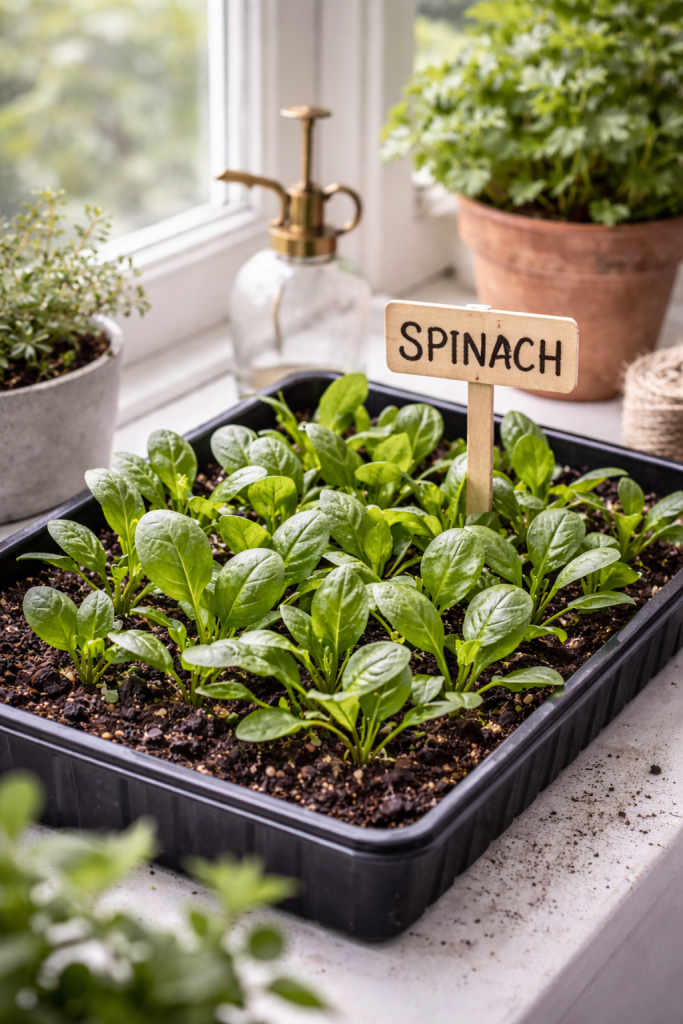 Grow spinach indoors as baby leaves in a pot on a bright windowsill