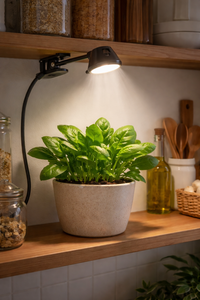 Grow spinach indoors under a clip-on grow light for steady baby leaves