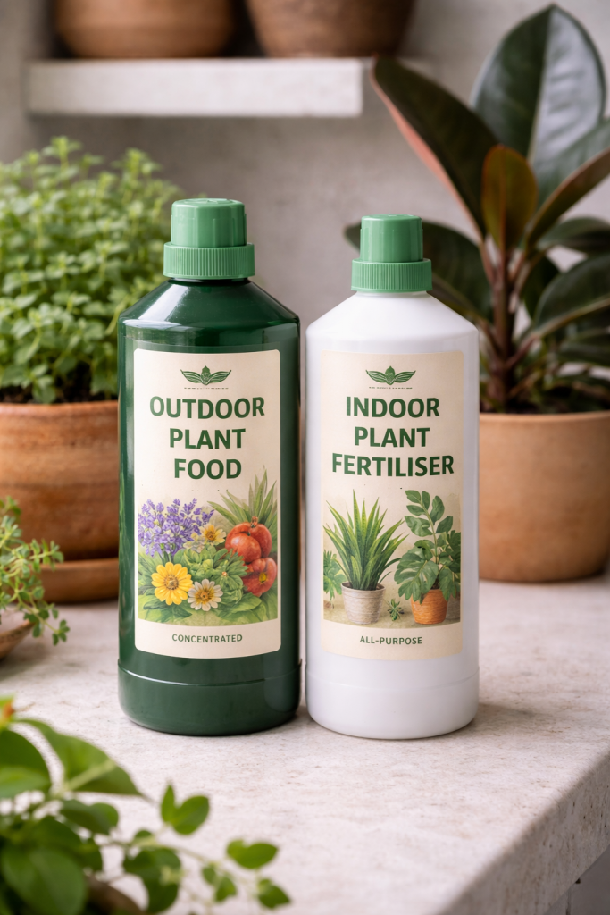 Outdoor plant food and indoor plant fertiliser beside houseplants for comparison