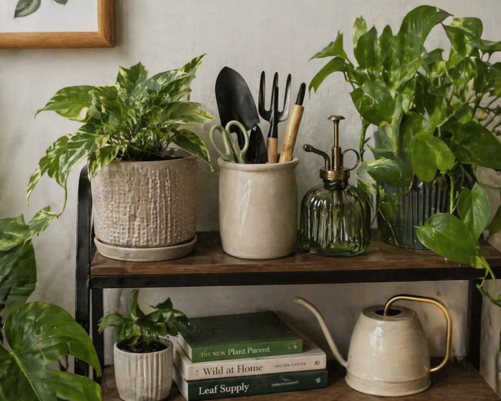compact small-space gardening tools beside indoor potted plants