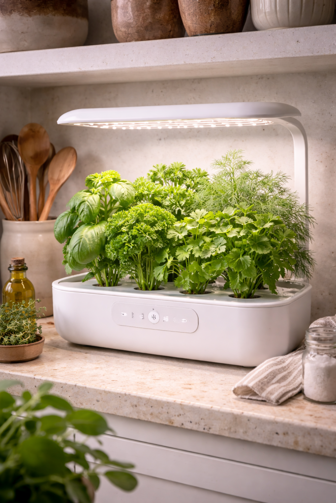 indoor hydroponic herbs growing without soil under LED lights.