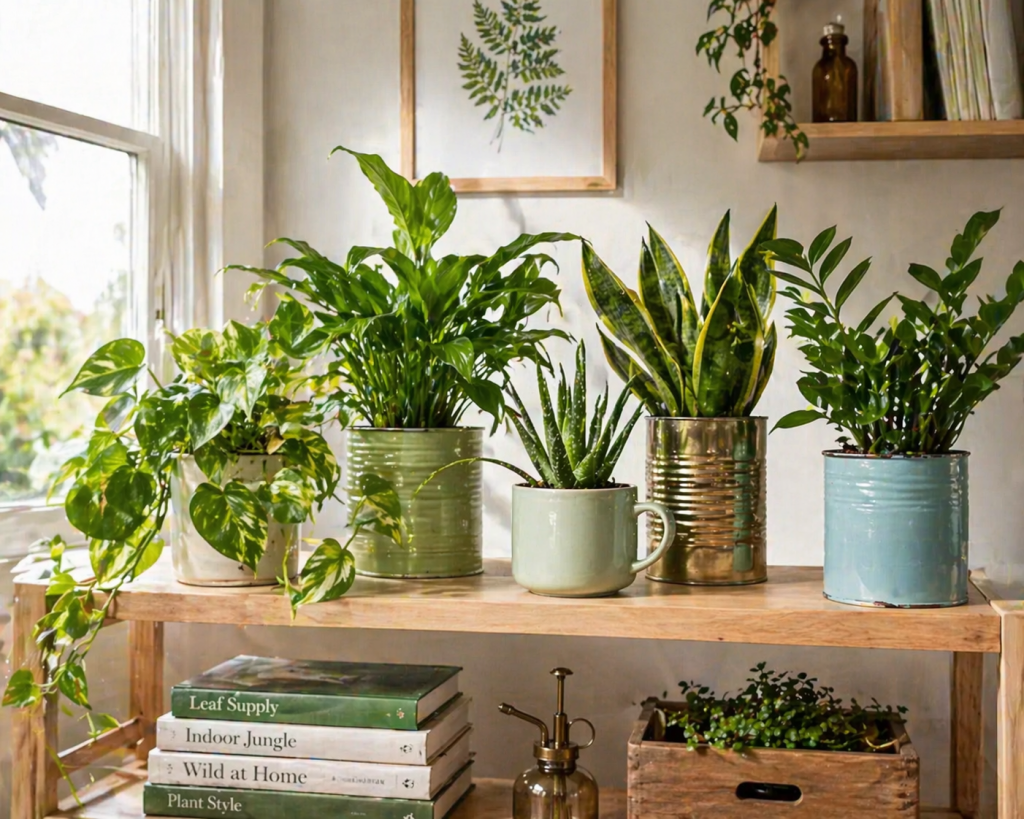 eco-friendly indoor gardening setup with healthy plants in reused containers