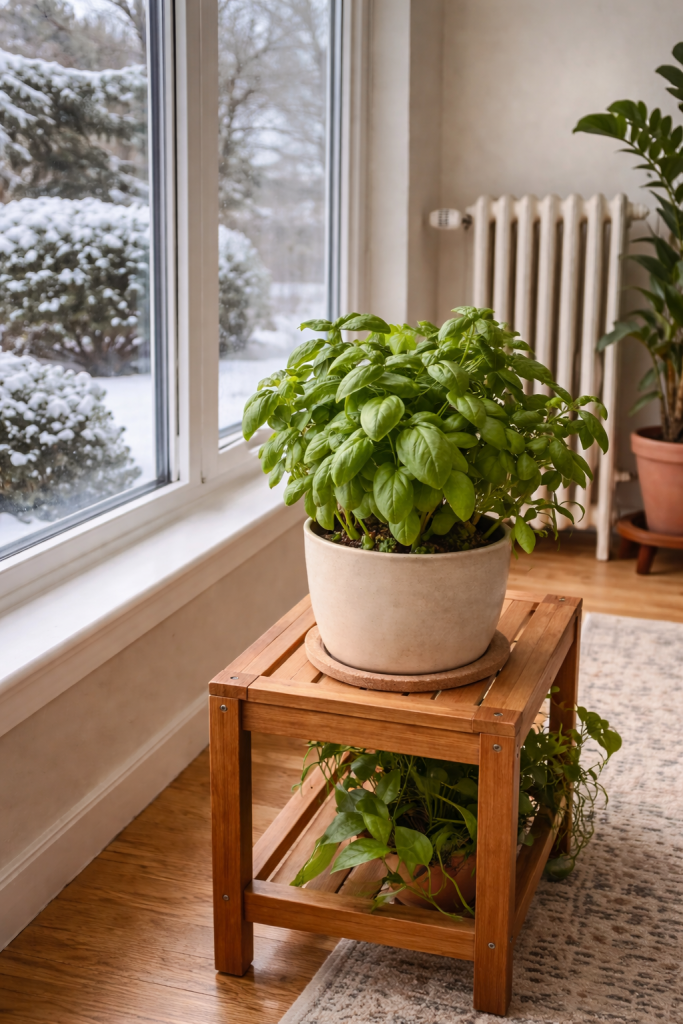 indoor plant positioned away from cold window glass and radiator in winter